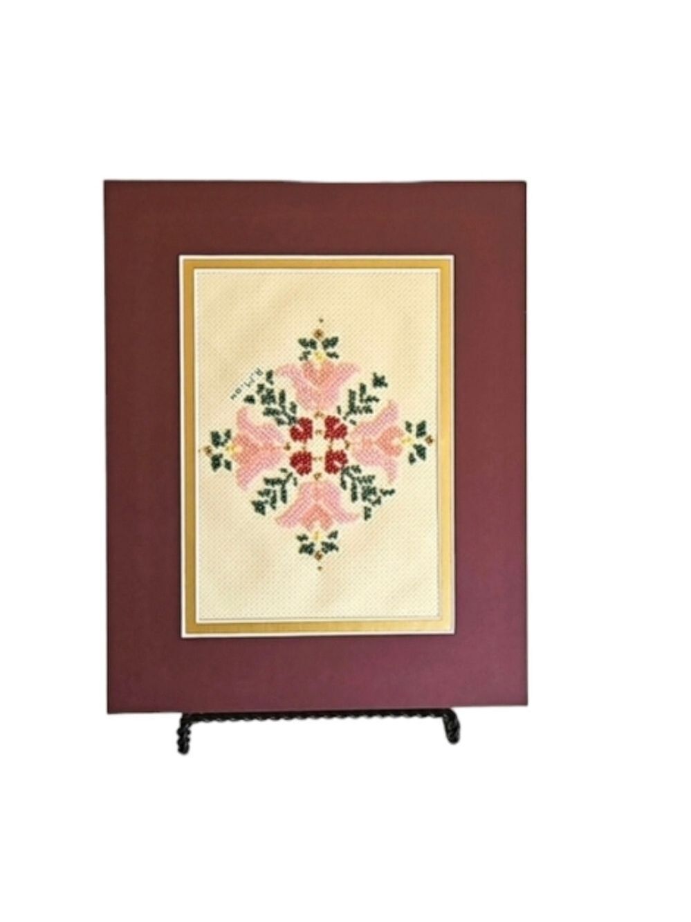 Hand Crafted Glass Beaded Art Floral Needlepoint Beadwork Pink Flower Framed